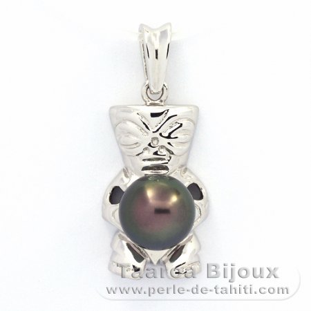 Rhodiated Sterling Silver Pendant and 1 Tahitian Pearl Round C 8.9 mm