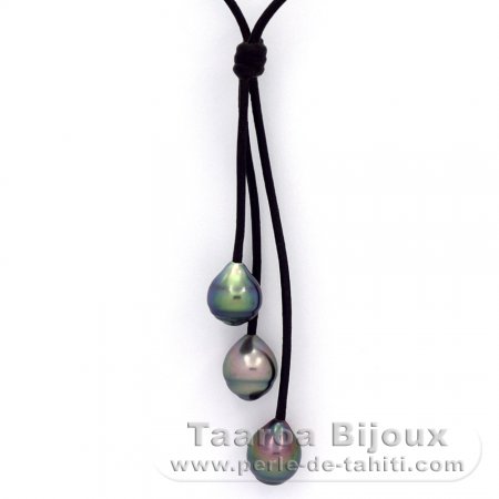 Leather Necklace and 3 Tahitian Pearls Ringed B  9.5 to 9.6 mm