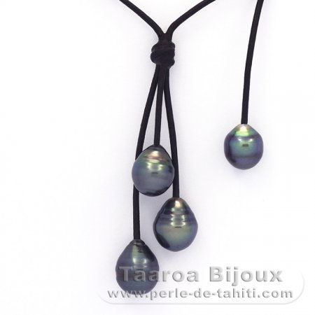 Leather Necklace and 4 Tahitian Pearls Ringed C  9.4 to 10.6 mm
