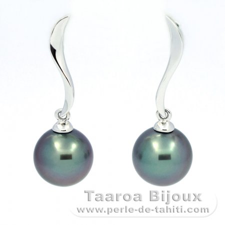 18K Solid White Gold Earrings and 2 Tahitian Pearls Round B 8.3 mm