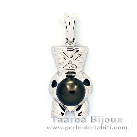 Rhodiated Sterling Silver Pendant and 1 Tahitian Pearl Round C 8.2 mm