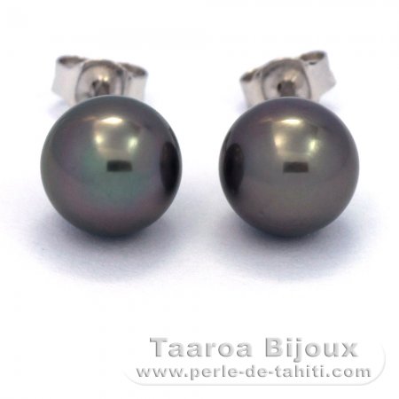 Rhodiated Sterling Silver Earrings and 2 Tahitian Pearls Round C 8.6 mm