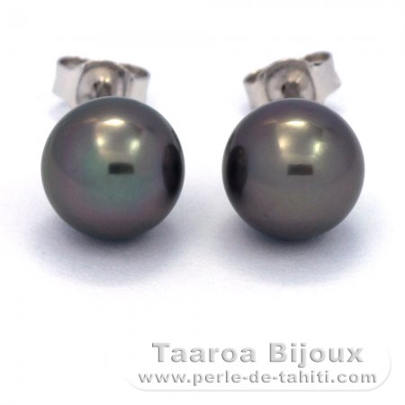 Rhodiated Sterling Silver Earrings and 2 Tahitian Pearls Round C 8.6 mm