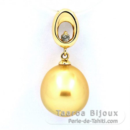 14K solid Gold Pendant + 1 Diamond 0.04 carats VS1 and 1 Australian Pearl Semi-Baroque A 11.2 mm