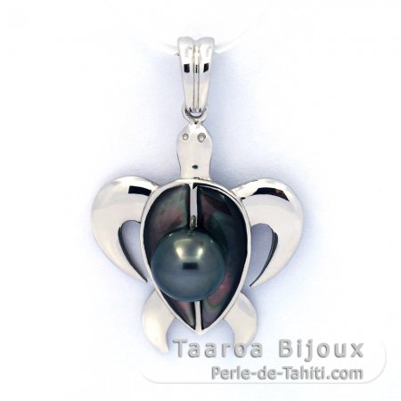 Rhodiated Sterling Silver Pendant and 1 Tahitian Pearl Round C 8 mm