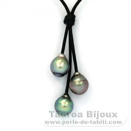 Leather Necklace and 3 Tahitian Pearls Ringed B  9.5 to 9.8 mm