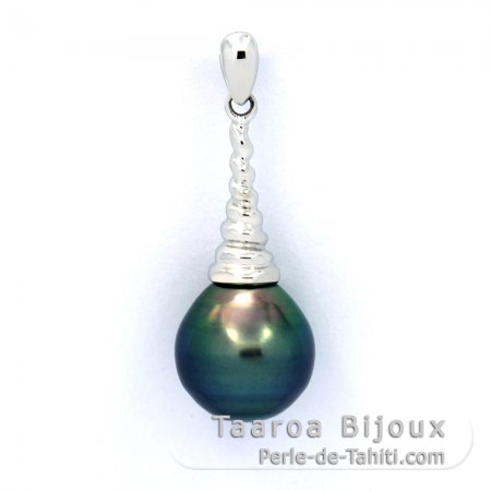 Rhodiated Sterling Silver Pendant and 1 Tahitian Pearl Ringed B 10.1 mm