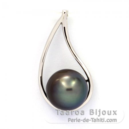 Rhodiated Sterling Silver Pendant and 1 Tahitian Pearl Round B/C 10.5 mm