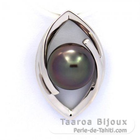 Rhodiated Sterling Silver Pendant and 1 Tahitian Pearl Round C 8.9 mm