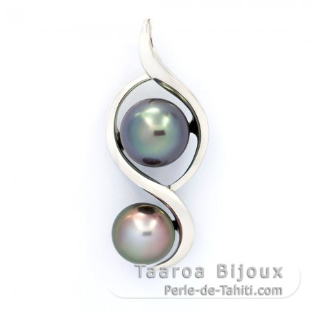 Rhodiated Sterling Silver Pendant and 2 Tahitian Pearls Semi-Baroque B 8.7 et 9.7 mm