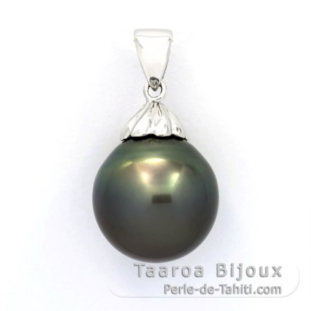 Rhodiated Sterling Silver Pendant and 1 Tahitian Pearl Semi-Baroque C 13.6 mm