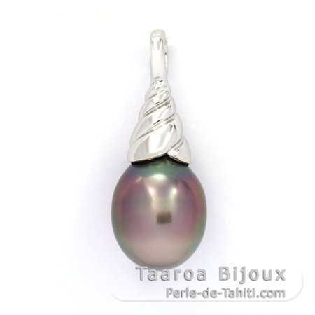 Rhodiated Sterling Silver Pendant and 1 Tahitian Pearl Semi-Baroque B 10 mm