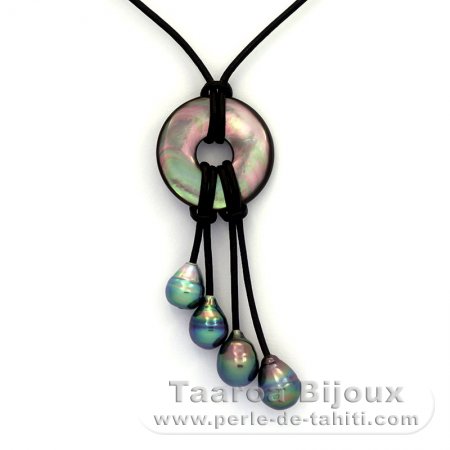 Leather Necklace and 4 Tahitian Pearls Ringed B+ 8.2 to 8.9 mm