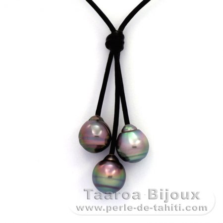 Leather Necklace and 3 Tahitian Pearls Ringed B 10 to 10.2 mm