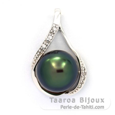 14K Solid White Gold + 6 diamonds 0.04 carats VS1 and 1 Tahitian Pearl Near-Round B+ 10.7 mm