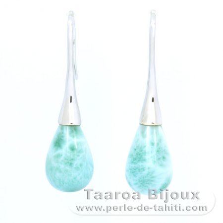 Rhodiated Sterling Silver Earrings and 2 Larimars - 15 x 10.2 mm - 3.9 gr