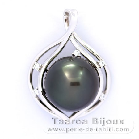 Rhodiated Sterling Silver Pendant and 1 Tahitian Pearl Round C 12.6 mm