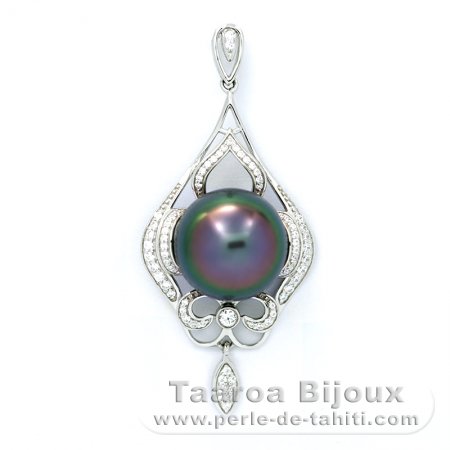 Rhodiated Sterling Silver Pendant and 1 Tahitian Pearl Near-Round B/C 13 mm