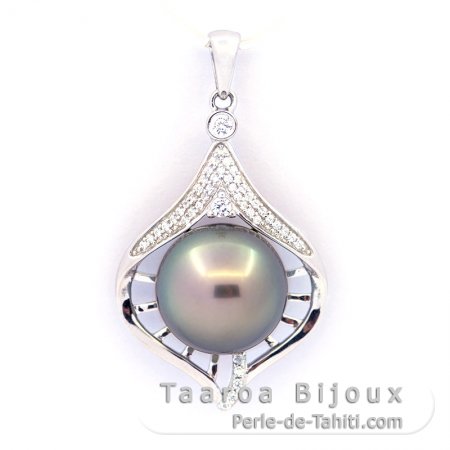 Rhodiated Sterling Silver Pendant and 1 Tahitian Pearl Round B/C 12 mm