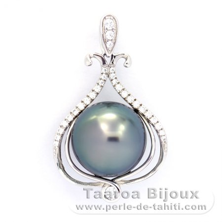 Rhodiated Sterling Silver Pendant and 1 Tahitian Pearl Round B/C 11 mm