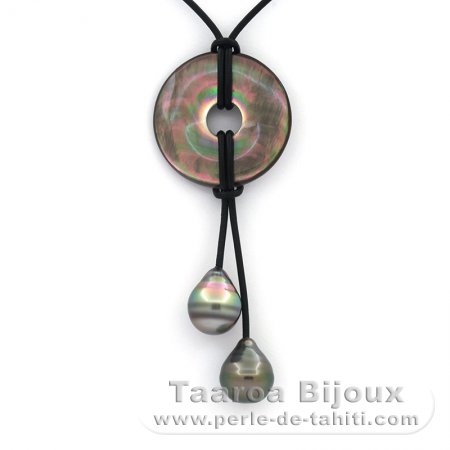 Leather Necklace and 2 Tahitian Pearls Ringed C 11.7 mm