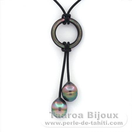 Leather Necklace and 2 Tahitian Pearls Ringed C+ 10.3 mm