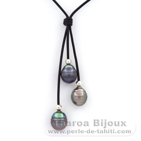 Leather Necklace and 3 Tahitian Pearls Ringed C 10.7 to 10.8 mm