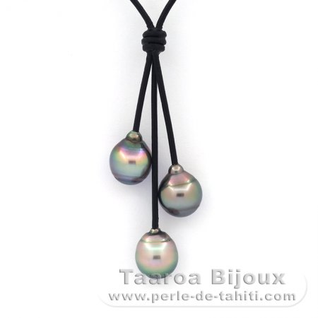 Leather Necklace and 3 Tahitian Pearls Ringed B/C 10.2 to 10.6 mm