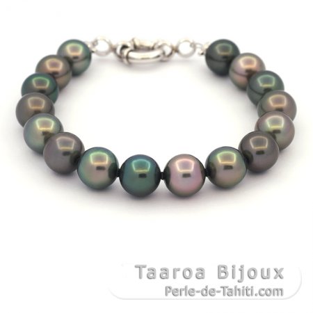 Bracelet with 16 Tahitian Pearls Round C 9 to 9.4 mm and Rhodiated Sterling Silver