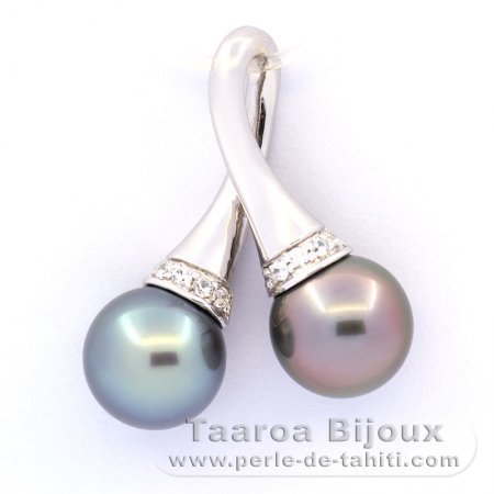 Rhodiated Sterling Silver Pendant and 2 Tahitian Pearls Round B/C 8.8 mm