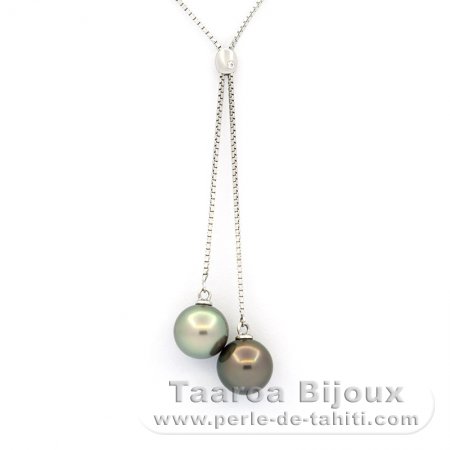 Rhodiated Sterling Silver Necklace and 2 Tahitian Pearls Round B/C 8.7 and 8.9 mm