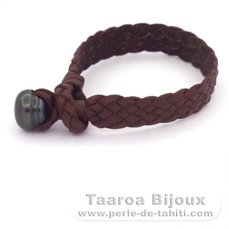 Leather Bracelet and 1 Tahitian Pearl Ringed B 13.5 mm