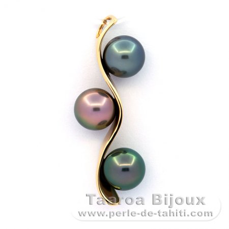 18K solid Gold Pendant and 3 Tahitian Pearls Round B 8.4 mm