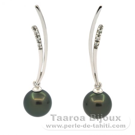 Rhodiated Sterling Silver Earrings and 2 Tahitian Pearls Round B/C 8.7 mm