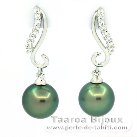 Rhodiated Sterling Silver Earrings and 2 Tahitian Pearls Round C+ 8.5 mm