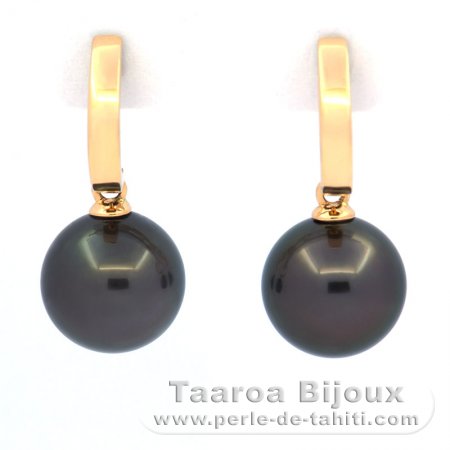18K solid Gold Earrings and 2 Tahitian Pearls Round B 9.5 mm