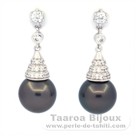 Rhodiated Sterling Silver Earrings and 2 Tahitian Pearls Round BC 9.5 mm