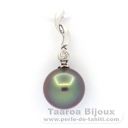 14K solid White Gold Pendant + 1 diamond and 1 Tahitian Pearl Round A 9.2 mm