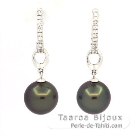 Rhodiated Sterling Silver Earrings and 2 Tahitian Pearls Round B/C 9.6 mm