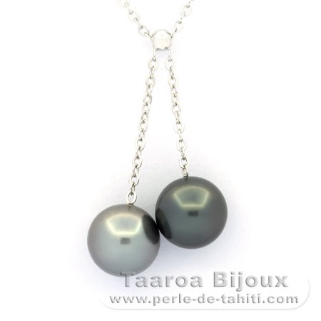 Rhodiated Sterling Silver Necklace and 2 Tahitian Pearls Round C 10.4 mm