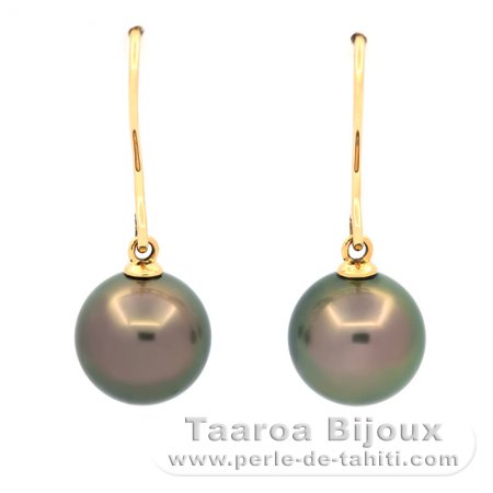 18K solid Gold Earrings and 2 Tahitian Pearls Round B 9.6 mm