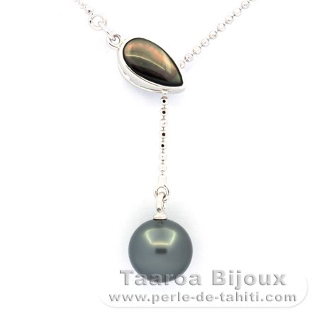 Rhodiated Sterling Silver Necklace and 1 Tahitian Pearl Round B 8.7 mm