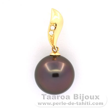 18K solid Gold Pendant + 2 diamonds and 1 Tahitian Pearl Round B 11.8 mm