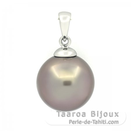 18K Solid White Gold Pendant and 1 Tahitian Pearl Round B 13.6 mm