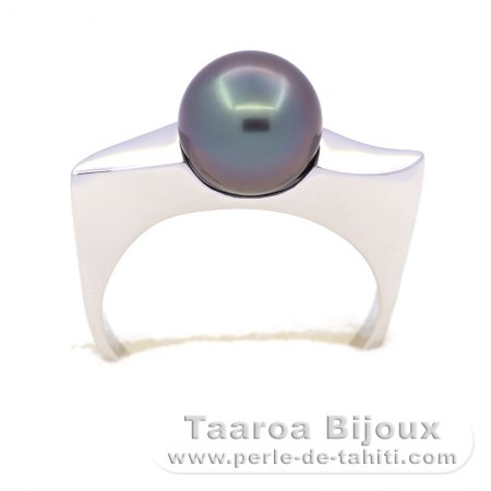 Rhodiated Sterling Silver Ring and 1 Tahitian Pearl Round B 9.3 mm