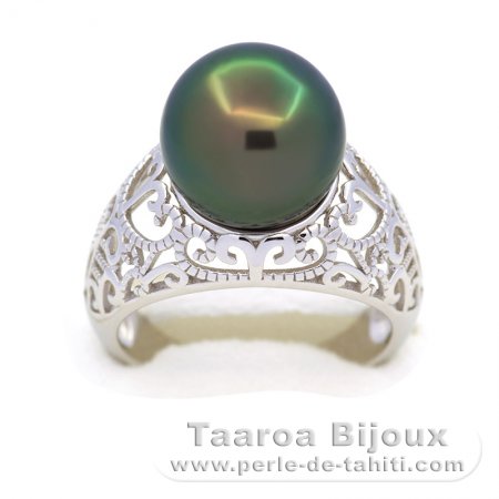 Rhodiated Sterling Silver Ring and 1 Tahitian Pearl Round C+ 11.7 mm
