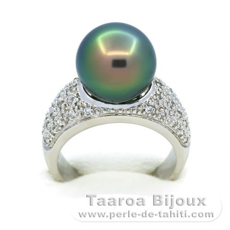 Rhodiated Sterling Silver Ring and 1 Tahitian Pearl Round C+ 11.5 mm