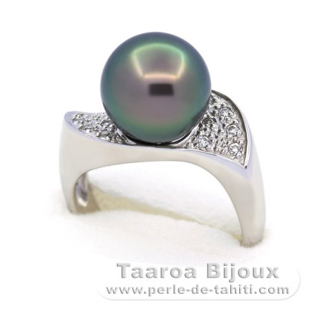 Rhodiated Sterling Silver Ring and 1 Tahitian Pearl Round B 10.1 mm