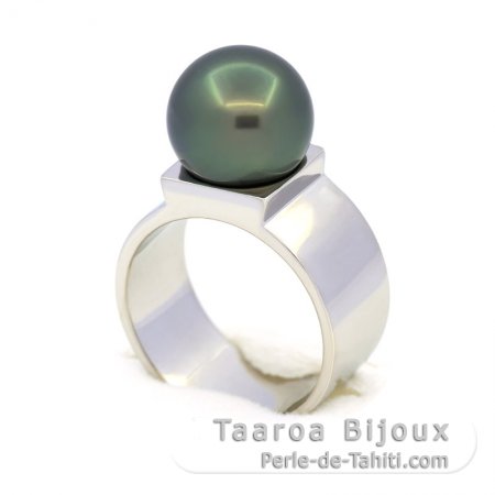 Rhodiated Sterling Silver Ring and 1 Tahitian Pearl Round B 10.9 mm