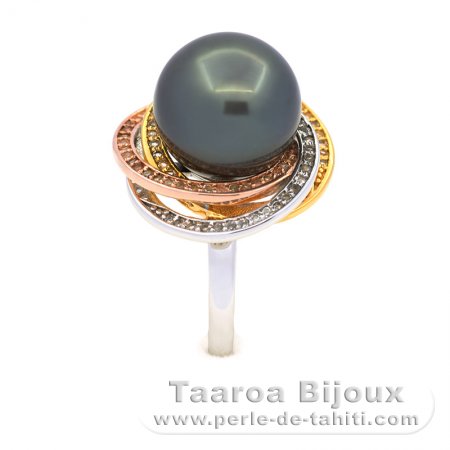 Rhodiated Sterling Silver Ring and 1 Tahitian Pearl Round C 12.5 mm